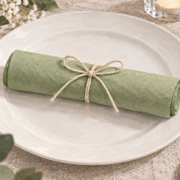 Illustration d’une serviette verte en rouleau, maintenue par un lien noué sur une assiette.