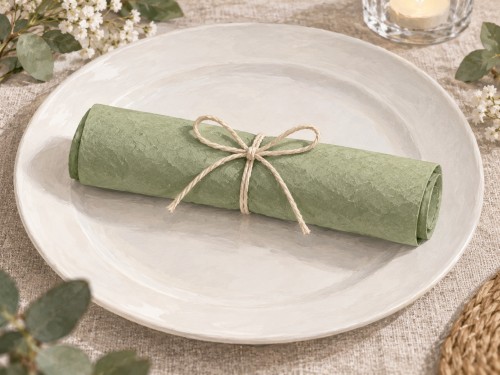 Illustration d’une serviette verte en rouleau, maintenue par un lien noué sur une assiette.