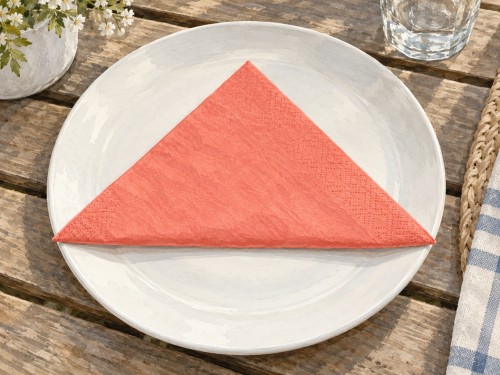 Illustration d’une serviette corail pliée en triangle à plat sur une assiette blanche.