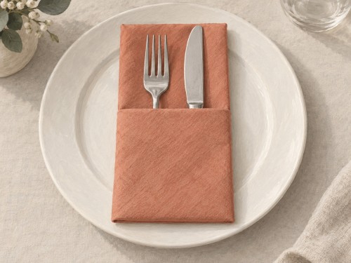 Illustration d’une pochette de serviette terracotta contenant une fourchette et un couteau de table.