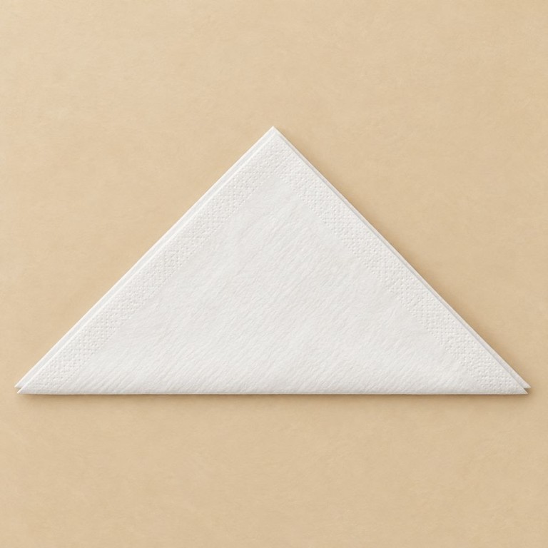 Serviette blanche rabattue en triangle, les angles opposés superposés et la diagonale lissée.