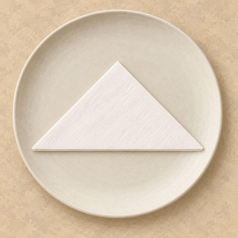 Triangle de serviette blanche posé à plat au centre d’une assiette ronde.