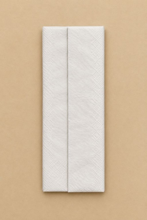 Dos de la serviette repliée en rectangle vertical, avec les deux rabats latéraux superposés.