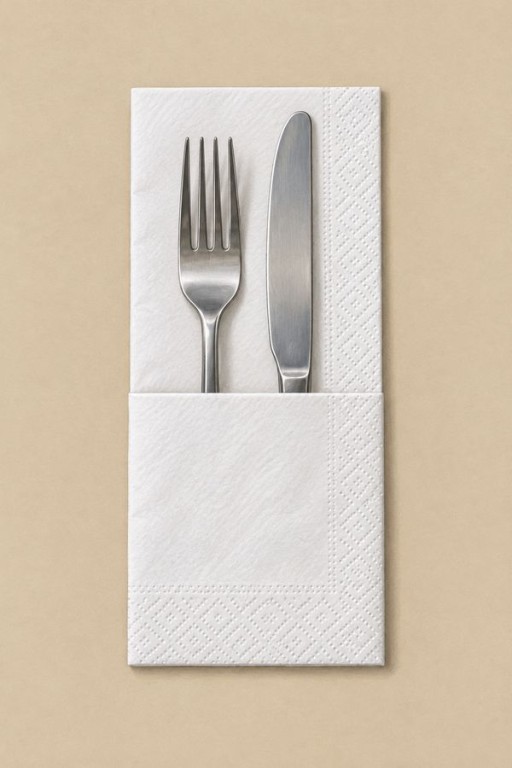 Face de la pochette blanche, manches de fourchette et couteau glissés derrière la bande horizontale.
