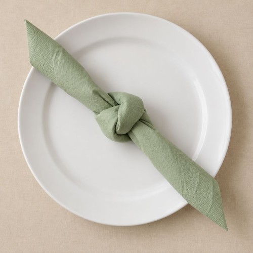Serviette vert sauge nouée au milieu, deux extrémités libres, posée sur une assiette blanche.