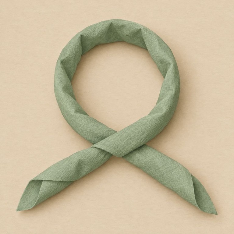Bande de serviette vert sauge courbée en boucle ouverte avec ses deux extrémités croisées.