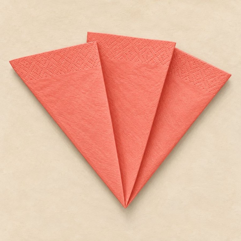Trois larges volets de serviette corail convergeant vers une pointe commune, avant le petit revers.